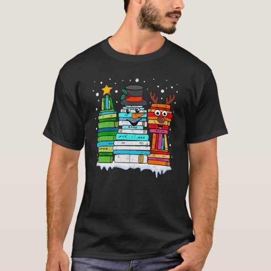 Kerstboom Snowman Reindeboboek Stack Librari T-shirt (Voorkant)