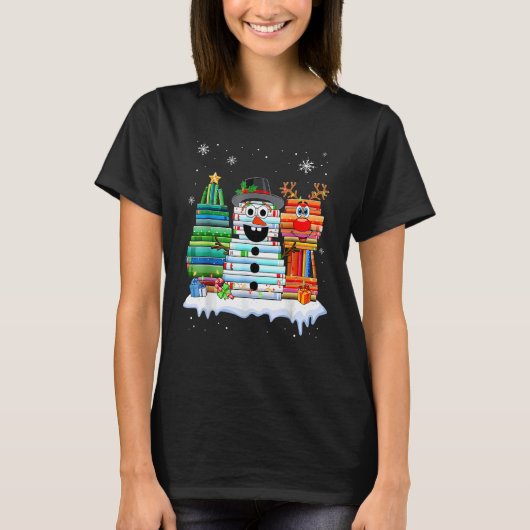 Kerstboom Snowman Reindeboboek Stack Librari T-shirt (Voorkant)
