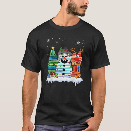 kerstboom Snowman Reindeer Book Stack T-shirt Lib (Voorkant)