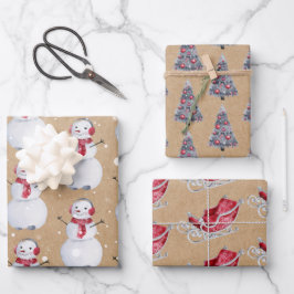 kerstboom Snowman Sleigh Kraft Inpakpapier Vel