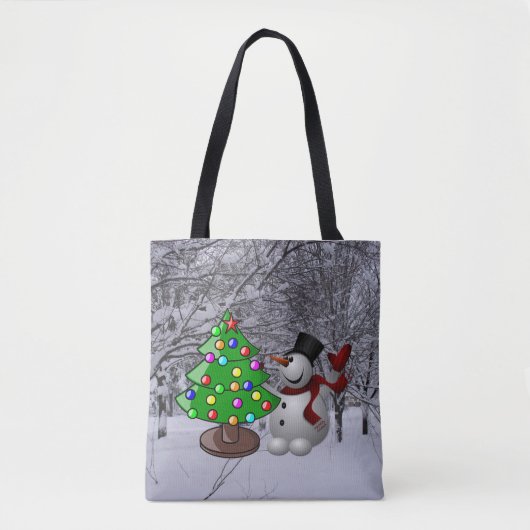 Kerstboom, Snowman, Sneeuwscène All-Over Print Tote Bag (Voorkant)