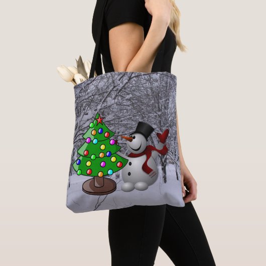 Kerstboom, Snowman, Sneeuwscène All-Over Print Tote Bag (Dichtbij)