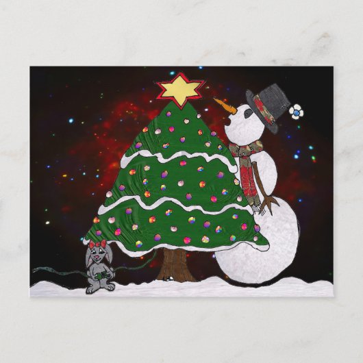 kerstboom Snowman Surprise Art Print Feestdagenkaart (Voorkant)