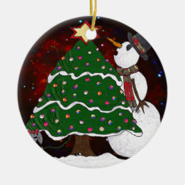 kerstboom Snowman Surprise Art Print Keramisch Ornament