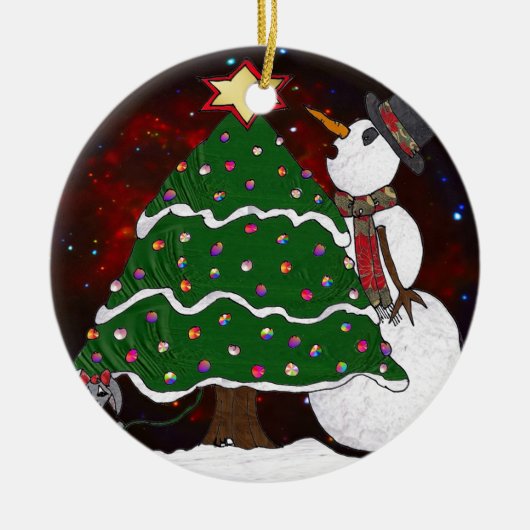 kerstboom Snowman Surprise Art Print Keramisch Ornament (Voorkant)