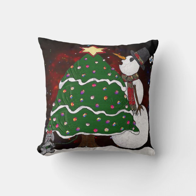 kerstboom Snowman Surprise Art Print Kussen (Voorkant)