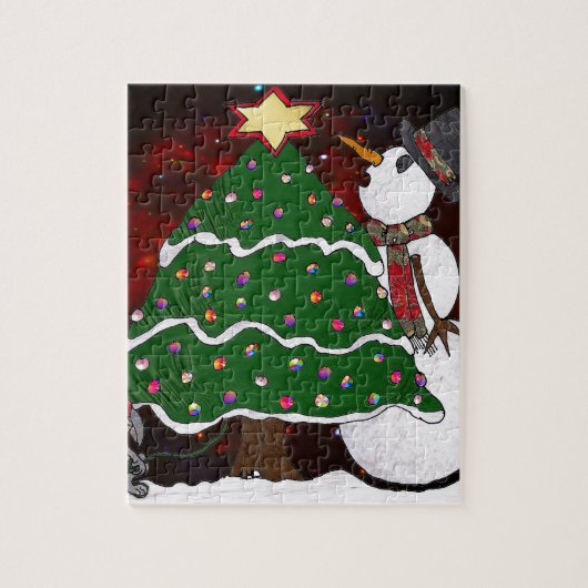 kerstboom Snowman Surprise Art Print Legpuzzel (Verticaal)
