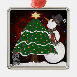 kerstboom Snowman Surprise Art Print Metalen Ornament