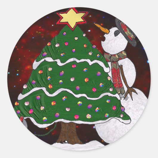 kerstboom Snowman Surprise Art Print Ronde Sticker (Voorkant)