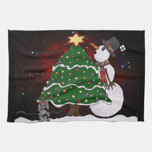 kerstboom Snowman Surprise Art Print Theedoek (Horizontaal)