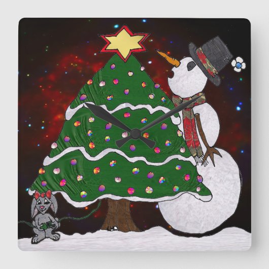kerstboom Snowman Surprise Art Print Vierkante Klok (Voorkant)
