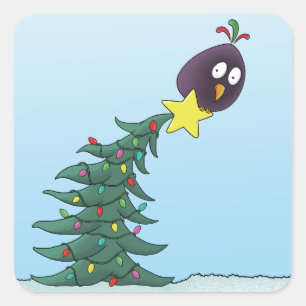 Kerstboom Ster Cartoon Vogel Vierkante Sticker