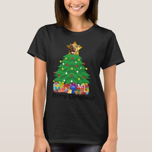 Kerstboom ster Pitbull hond T-shirt (Voorkant)