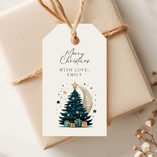 Kerstboom sterren de maan cadeaulabel