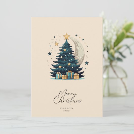 Kerstboom sterren de maan feestdagenkaart (Staand voorkant)