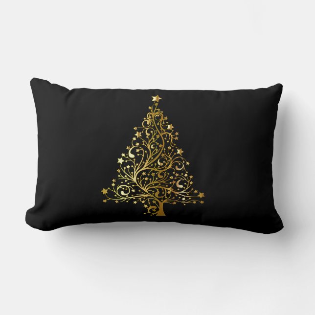 Kerstboom Sterren Zwart Goud Glanzend Chic Kussen (Voorkant)