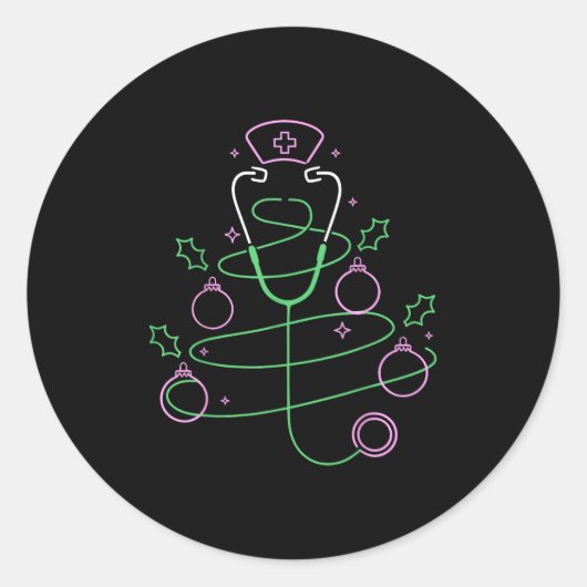 Kerstboom Stethoscoop Verpleegster Kerstmis Ronde Sticker (Voorkant)