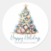 Kerstboom Strand Prettig Kerstfeest Ronde Sticker (Voorkant)