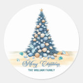Kerstboom Strand Prettig Kerstfeest Ronde Sticker (Voorkant)