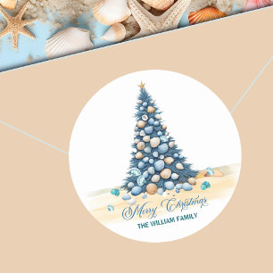 Kerstboom Strand Prettig Kerstfeest Ronde Sticker
