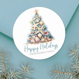 Kerstboom Strand Prettig Kerstfeest Ronde Sticker