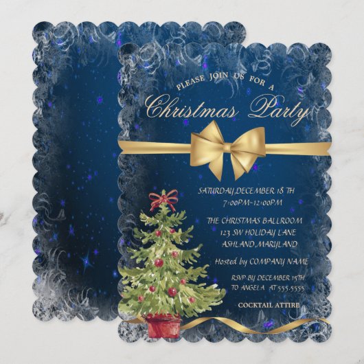 Kerstboom, Strik, Blauwe Zakelijke Uitnodiging voo (Voorkant / Achterkant)