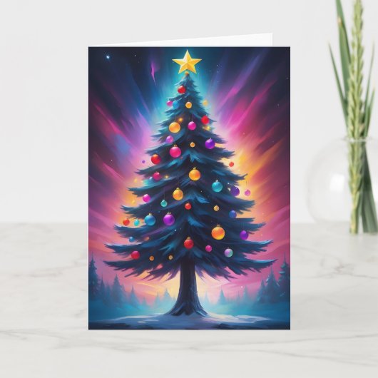 Kerstboom Synthwave Aurora Borealis Feestdagen Kaart (Voorkant)