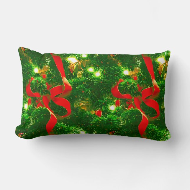 Kerstboom takken en rode linten kussen (Voorkant)