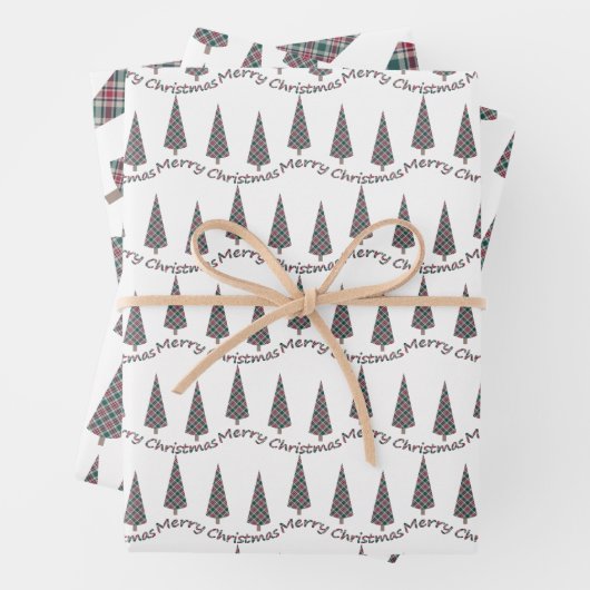Kerstboom Tartan Patroon op Wit Inpakpapier Vel (In situ)