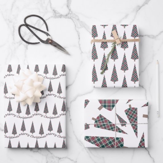 Kerstboom Tartan Patroon op Wit Inpakpapier Vel (Voorkant)