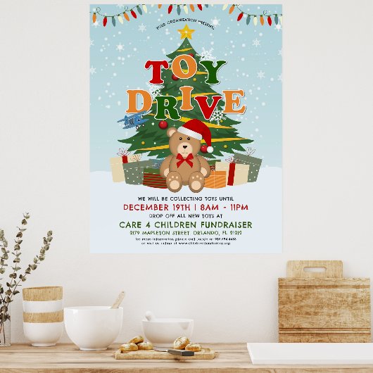 Kerstboom Teddy Bear Speelgoed Drive Fundraiser Poster (Keuken)