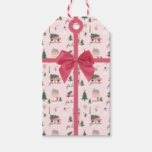 Kerstboom & Town Roze Retro Van Roze Bow Cadeaulabel (Voorkant)