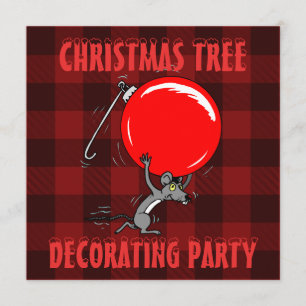 Kerstboom Trimming Party   Red Plaid Mouse Kaart