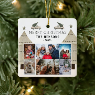 Kerstboom Truck Familie 6 Foto Collage  Keramisch Ornament