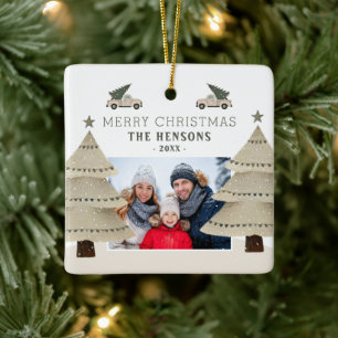 Kerstboom Truck Familie Foto Vakantie Keramisch Ornament