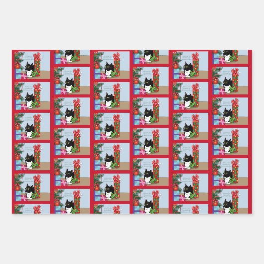 Kerstboom Tuxedo Kat Inpakpapier Vel (Voorkant)