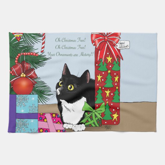 Kerstboom Tuxedo Kat Theedoek (Horizontaal)