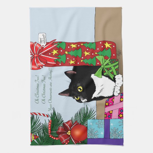Kerstboom Tuxedo Kat Theedoek (Verticaal)