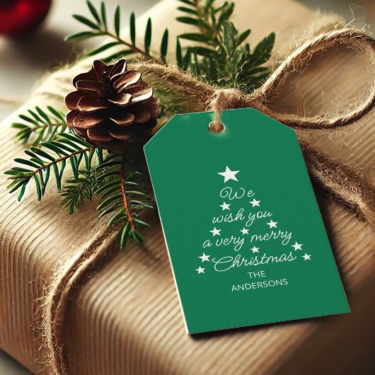 Kerstboom Typografie Groen Wit Sterren & Naam Cadeaulabel