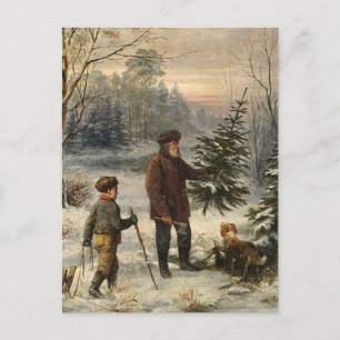 Kerstboom uitkiezen met vader en zoon - vintage feestdagenkaart
