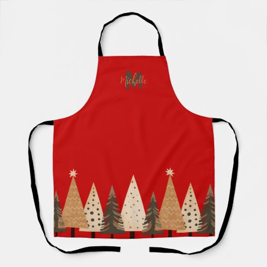 Kerstboom Vakantie Bakken Rood Monogram Schort (Voorkant)