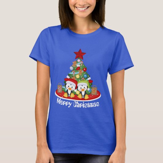 Kerstboom Vakantiepinguïns voegen bericht toe T-shirt (Voorkant)