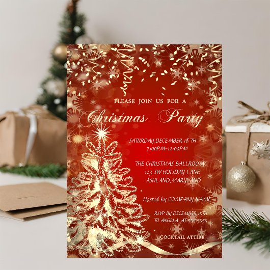 Kerstboom van goud,Rood, Uitnodiging voor zakelijk