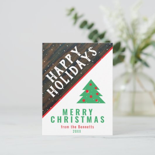 Kerstboom van rustiek hout met rode naam Kerstmis Feestdagenkaart (Staand voorkant)