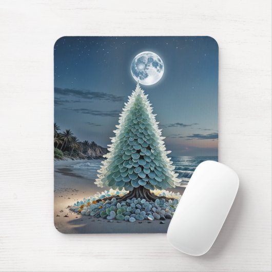 Kerstboom van Zeeglas op een Strand Muismat (Met muis)