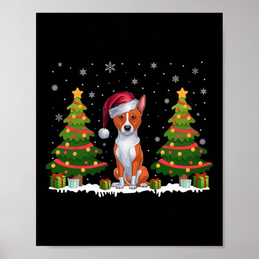 Kerstboom Verlicht Basenji Hond Kerstman Hoed Kers Poster (Voorkant)