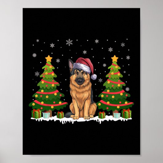 Kerstboom Verlicht Duitse Herdershond Kerstman Poster (Voorkant)