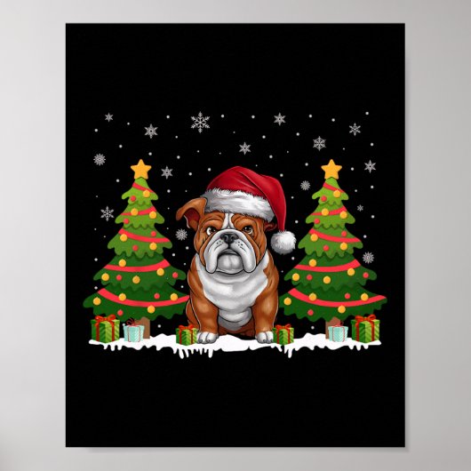 Kerstboom Verlicht Engelse Bulldog Santa Hat Kerst Poster (Voorkant)