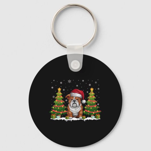 Kerstboom Verlicht Engelse Bulldog Santa Hat Kerst Sleutelhanger (Voorkant)