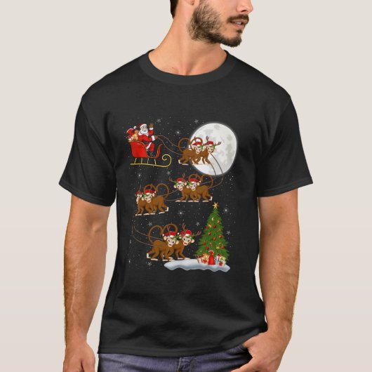 Kerstboom Verlicht Grappige Kerstman Rijdende Aap T-shirt (Voorkant)